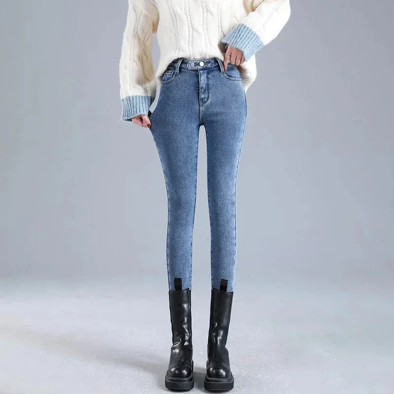 Women Thermal Jeans Winter Snow Warm Plush Mid Waist Stretch Jeans Lady Skinny Thicken Denim Pants Fleece Mom Blue Fur Trousers