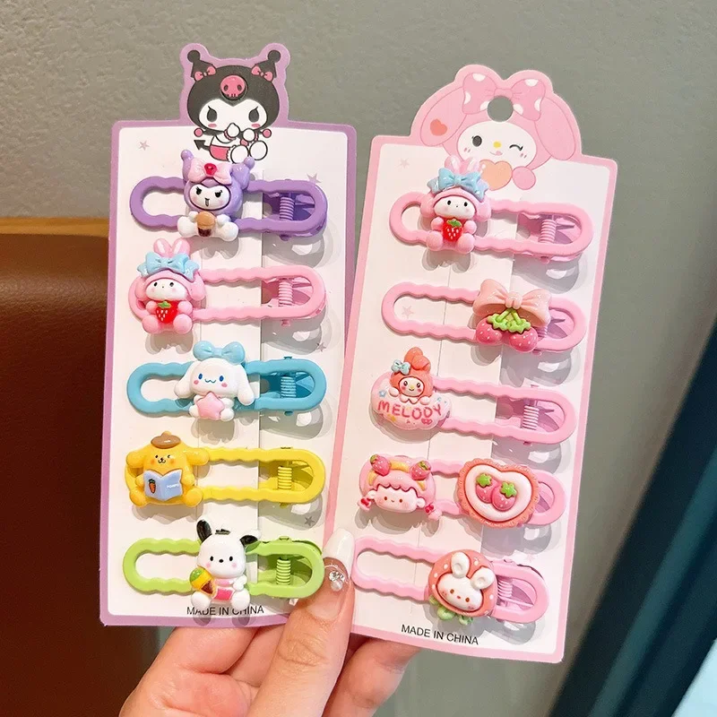 5 buah klip rambut Sanrio Hello Kitty untuk wanita lucu kartun Kuromi Cinnamoroll mode Gadis bebek klip hadiah Aksesori rambut