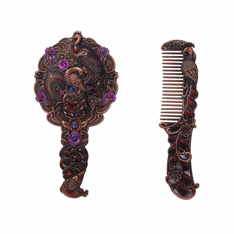 Creative Retro Peacock Small Mirror Handle Metal Makeup Mirror Handheld Mirror Comb Set