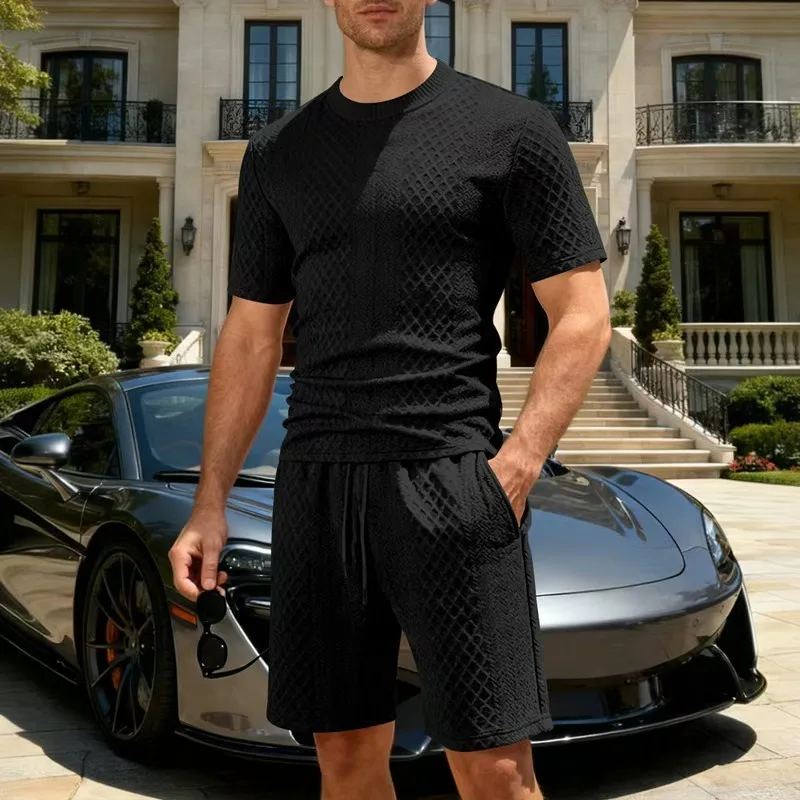 2026 Summer New Men's Casual Sportswear Polo Shirt With A Lapel Men's Short-sleeved Shirt And Shorts, Jacquard Texture Suit