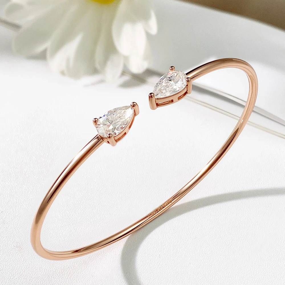 COSYA 2CT Birnenförmiger Moissanit Offener Armreif für Damen S925 Silber 18K Vergoldet Wassertropfen 2 Steine Verstellbarer Edler Schmuck – Detail 8