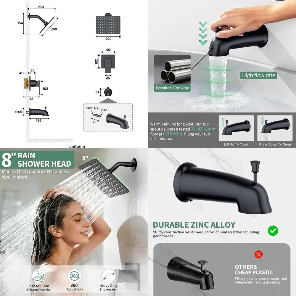 

8-Inch Rain Shower Set with Pure Balance, Tub Spout, Single-Handle Trim Kit, Matte Black Bathroom Shower Fixture