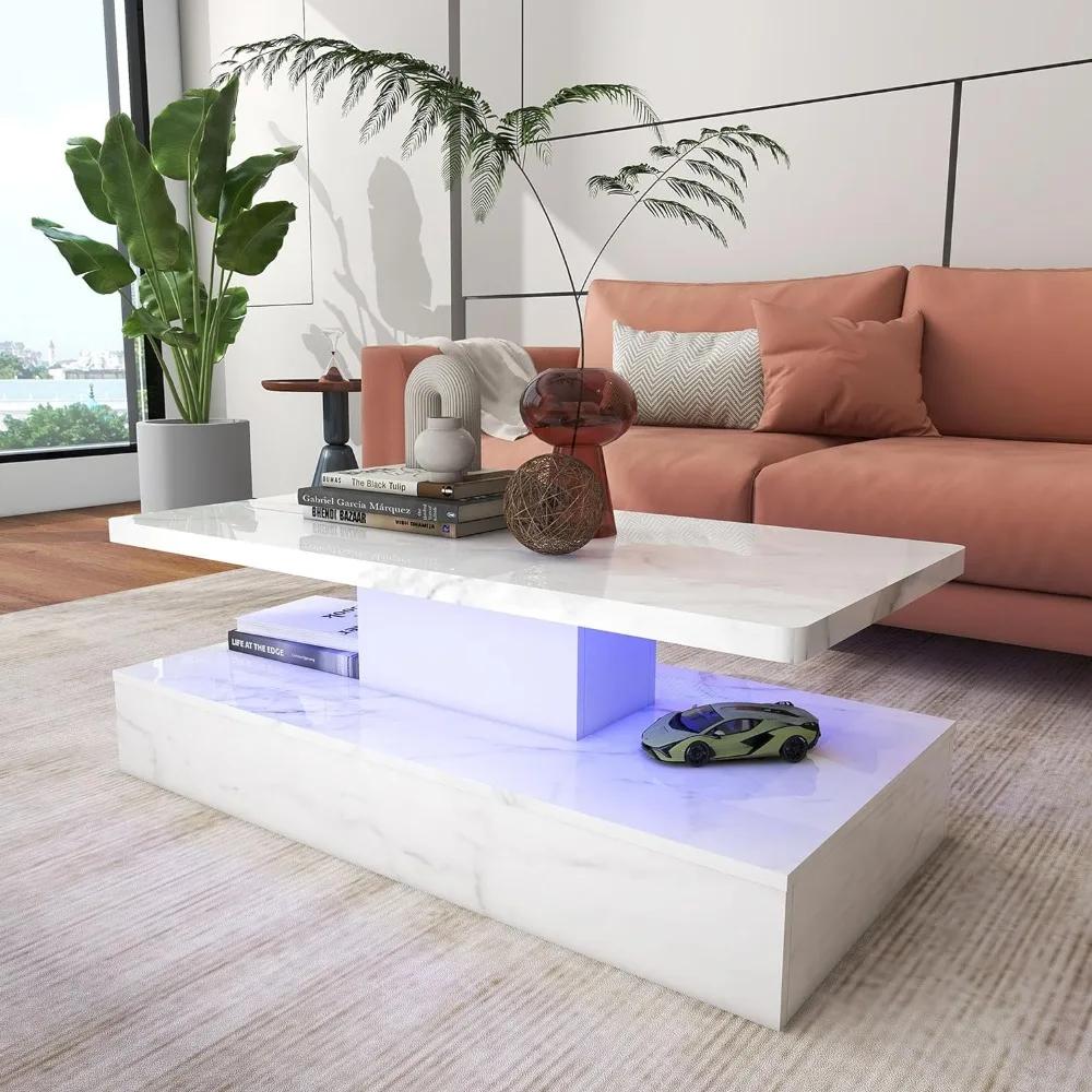 Coffee Table with LED, Modern White Coffee Table, High Gloss Marble LED Coffee Table Modern White Table for Living