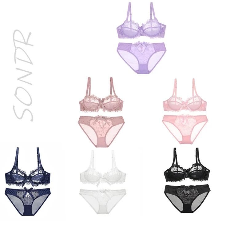 Beautiful back gather together, receive a pair of breast support, lace embroidered bra, ultra-thin transparent, bra set