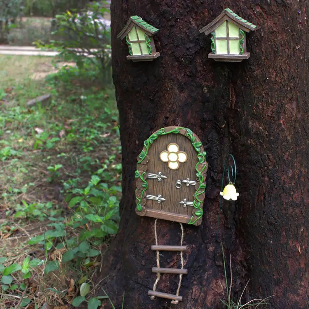 

Elf-like Door Statue Fairy House Figurine Tree Hanging Statue Window Sitting Elf Ladder Resin Craft Ornament for Home Garden