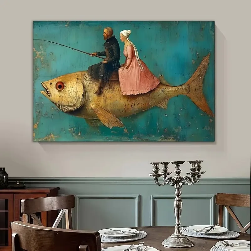 Poster und Drucke mit dem Motiv „Person auf einem großen Fisch“, Retro-Abstraktes Mädchen und Fisch, Leinwandbild, Wandkunst, Bild für die Dekoration von Wohnräumen. – Detail 5