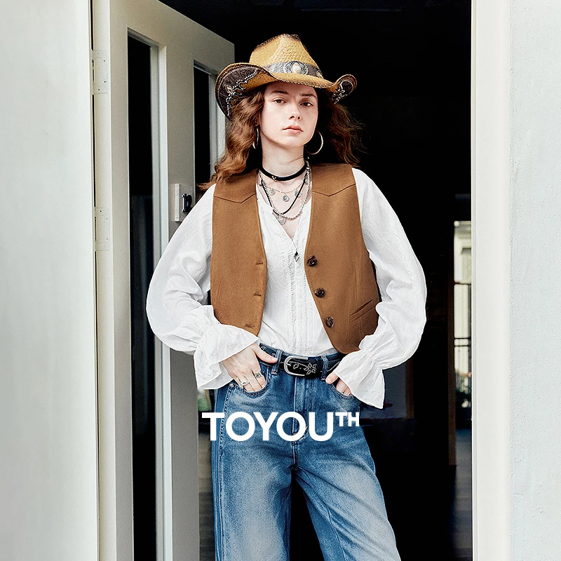 

TOYOUTH Women Vests 2025 Autumn New Suede Short-style Retro Coffee-colored Vest Tops