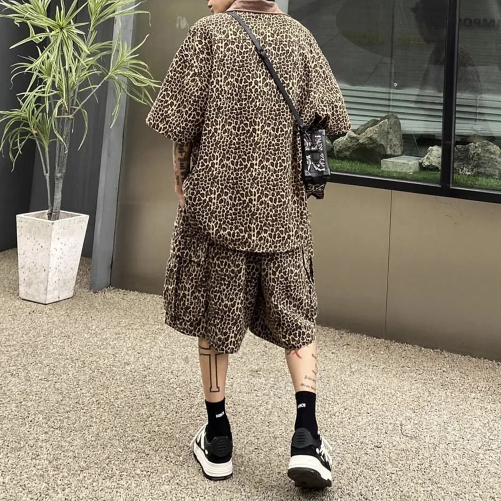 Mens Y2k Two-Piece Suit 2024 Summer New American Street Retro Leopard Print Casual Short-Sleeved Cardigan Shorts Two-Piece Suit