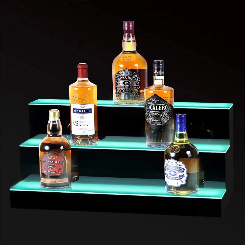custom.Customizable Factory LED Acrylic Wine Bottle Holder with Wooden Base Bar Display Supermarket Shelves