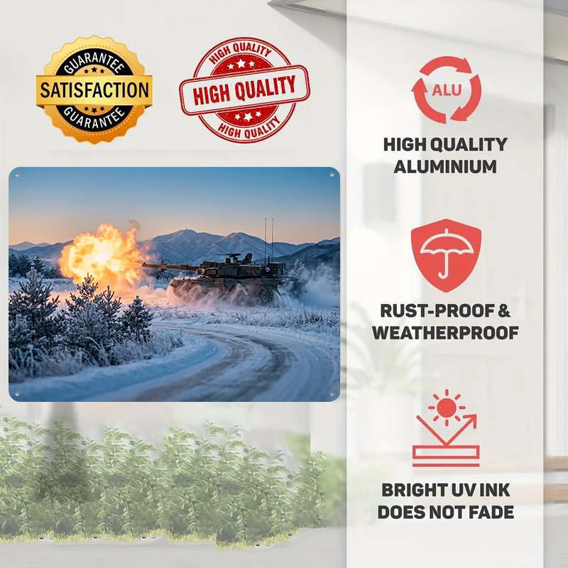 Tank Firing in Snowy Landscape Metal Poster Perfect Gift for Fans Lovers Personalized Wall Art Metal Sign for Decor Luxury Home