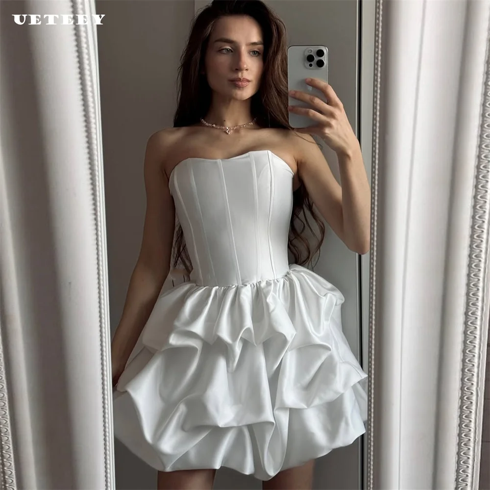 

UETEEY Customized Simple Strapless Tiered Pleats Crepe A Line Mini Wedding Dress Lace Up Back Above Knee Bridal Gown Party Dress