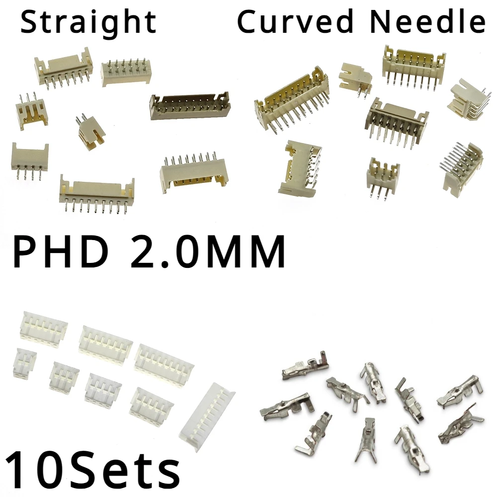 10sets Phd 2.0mm Double Row 2x2/3/4/5/6/7/8/9/10pin Phd2.0 Connector Straight / Curved Needle Plug Male + Female + Crimps