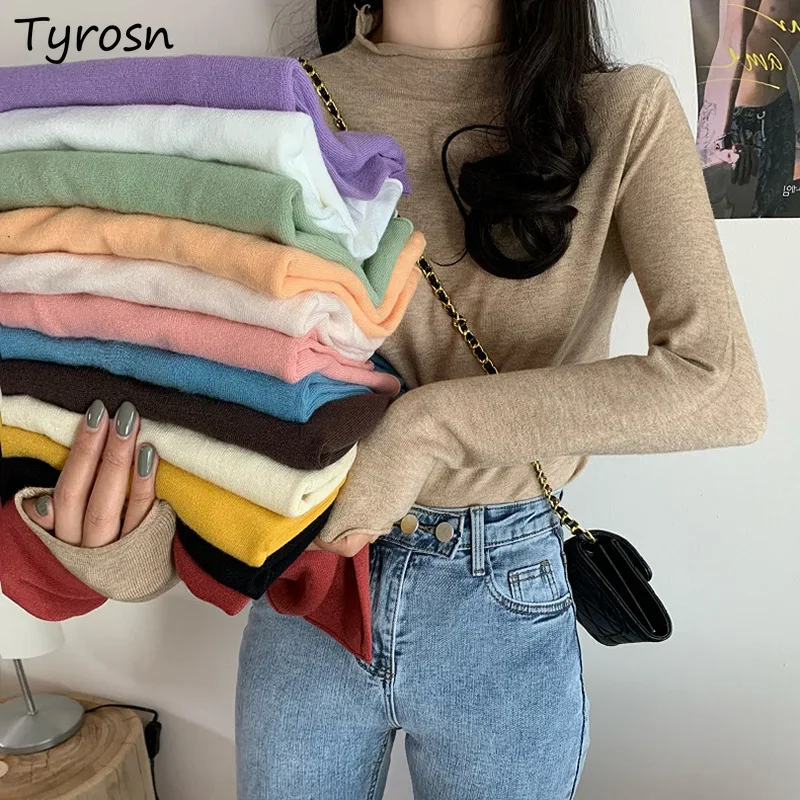 

Women Half High Collar Sweater M-4XL Elegant Lady French Style Temperament Femme Pullover Solid All-match Vintage Tricot Slim