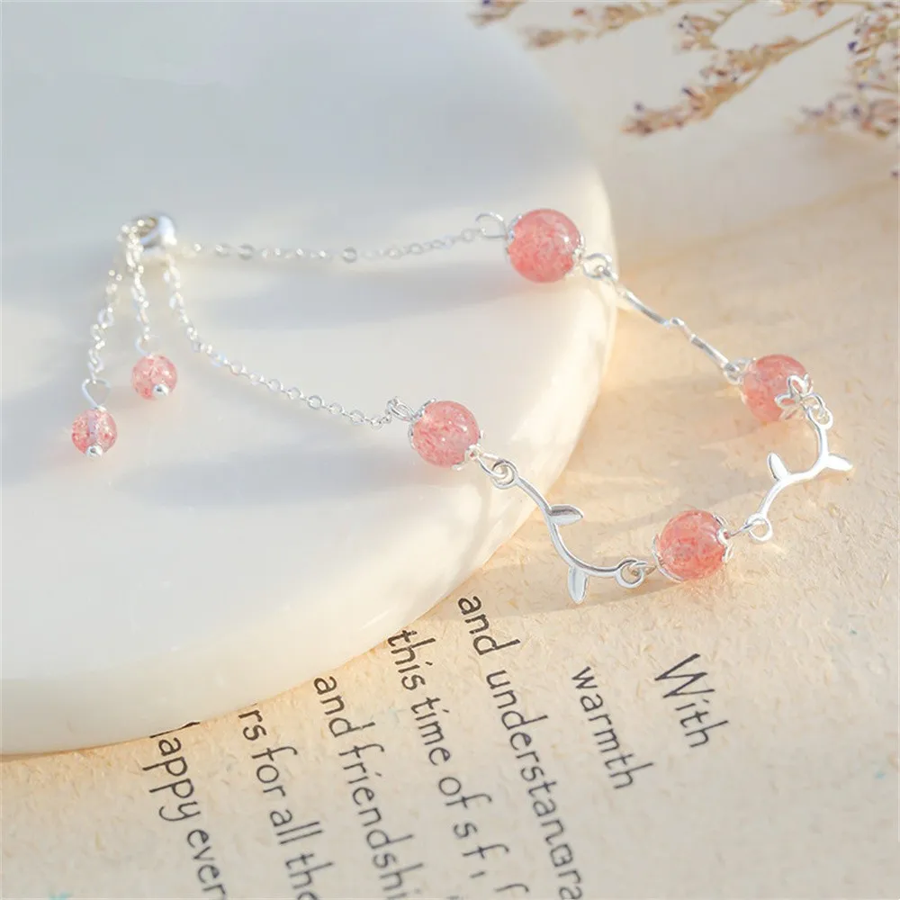 

2024 Charm 925 Sterling Silver Fashion Pink Natural Bead Strawberry Crystal Chain Bud Bracelet For Women Classical Jewelry Gift