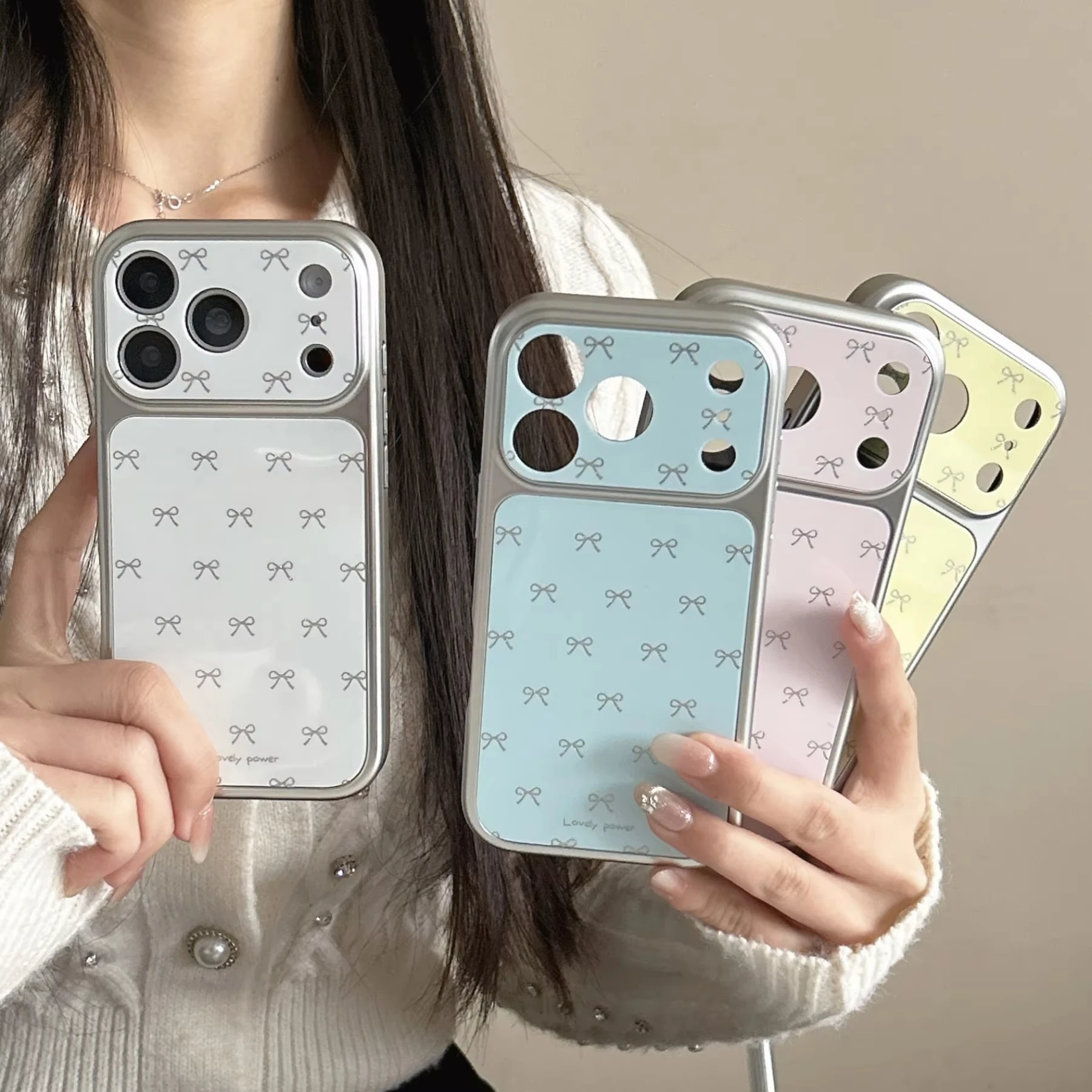 Korean Full Screen Bow Plating Silvery Phone Case For iPhone 17 Air 16 Pro Max 15 14 Plus 13 Pro Shockproof Silicone Back Cover