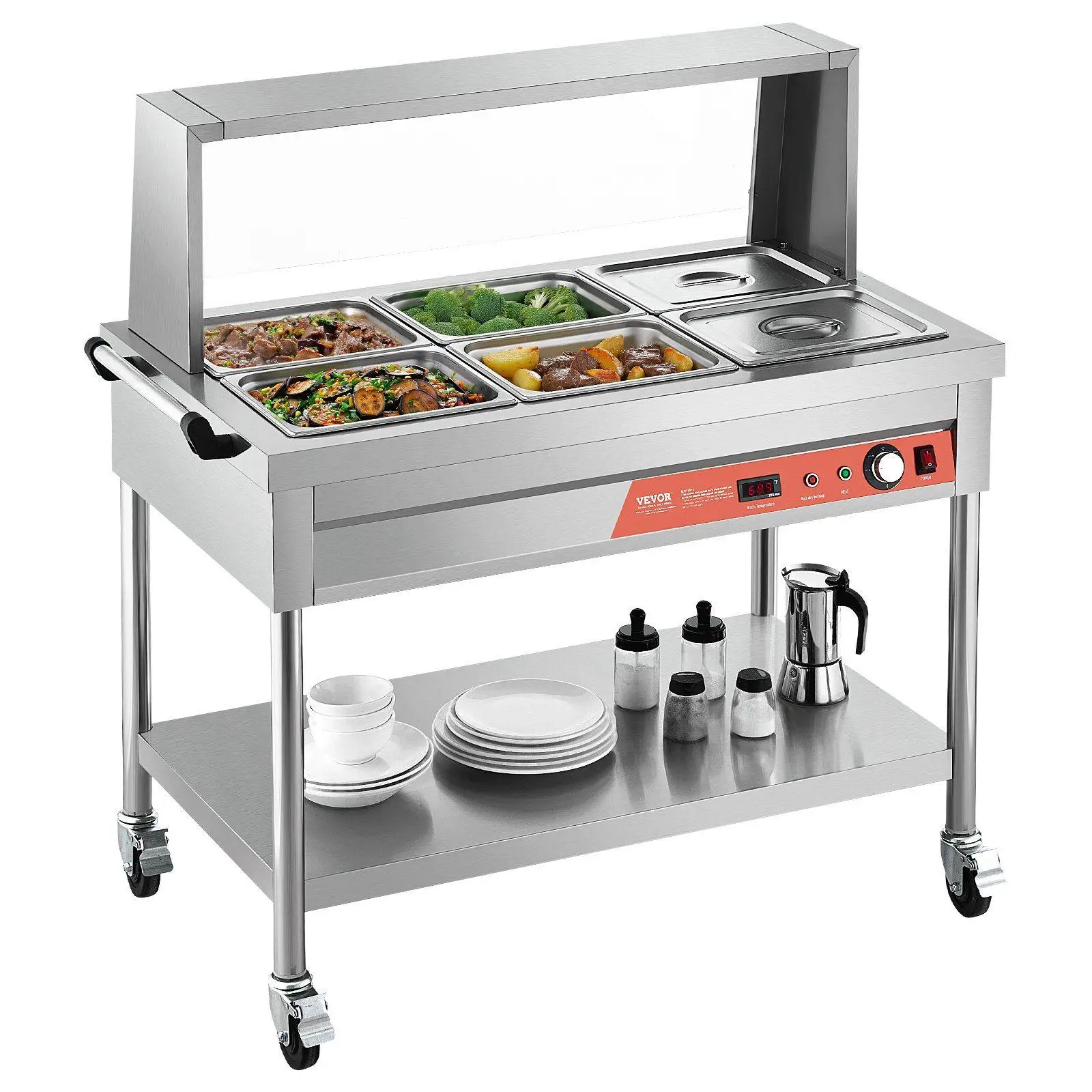 

Commercial 6x1/2 Pan Steam Table with Even Heating, 86-190°F Control, Stainless Steel, Mobile Caster Wheels & Drain