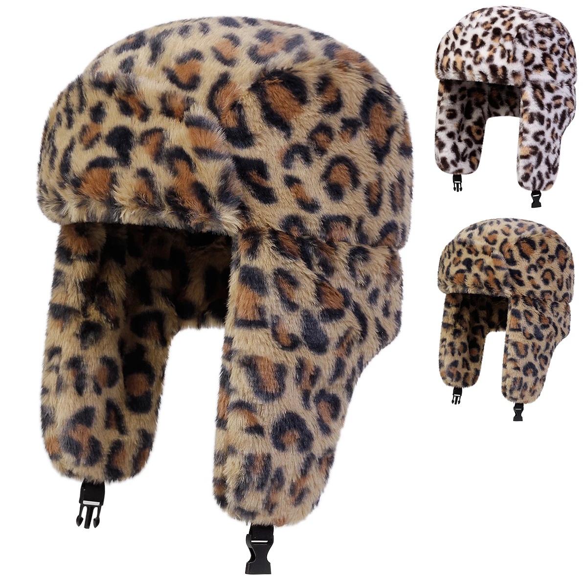 Gorro de Lei Feng con estampado de leopardo de felpa Unisex, gorro con orejeras para invierno, gorro de esquí para mantener el calor, gorro de bombardero para conducción al aire libre, actividades en la nieve