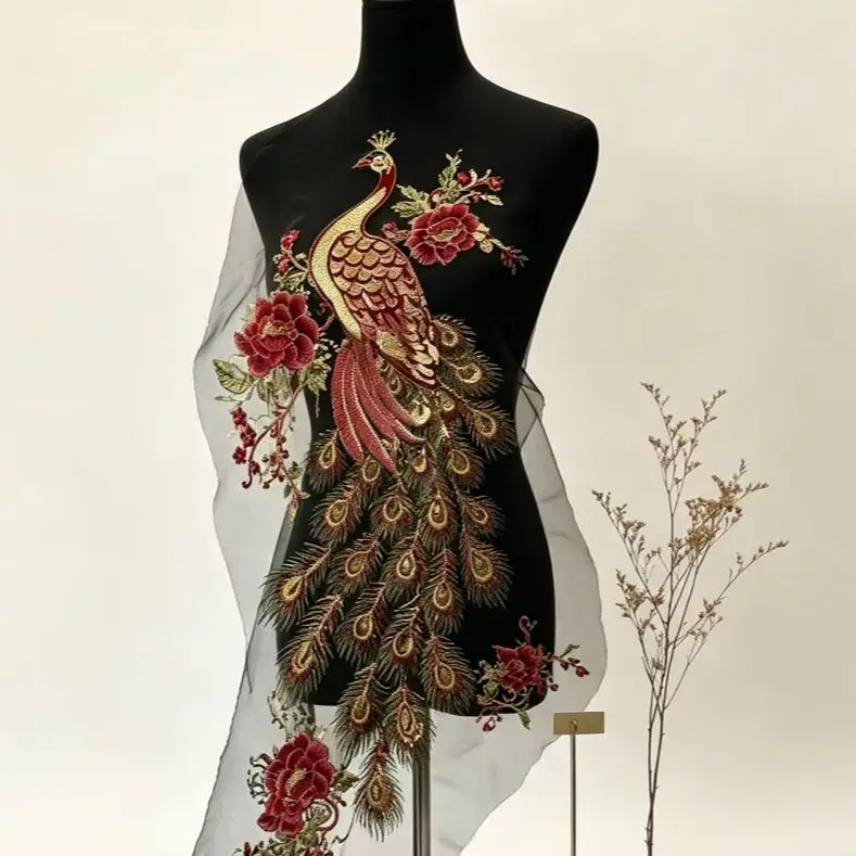 1 Pc Peacock Peony Embroidery Patches Fabric For Dress Cheongsam Curtain Accessories DIY Sewing Repair