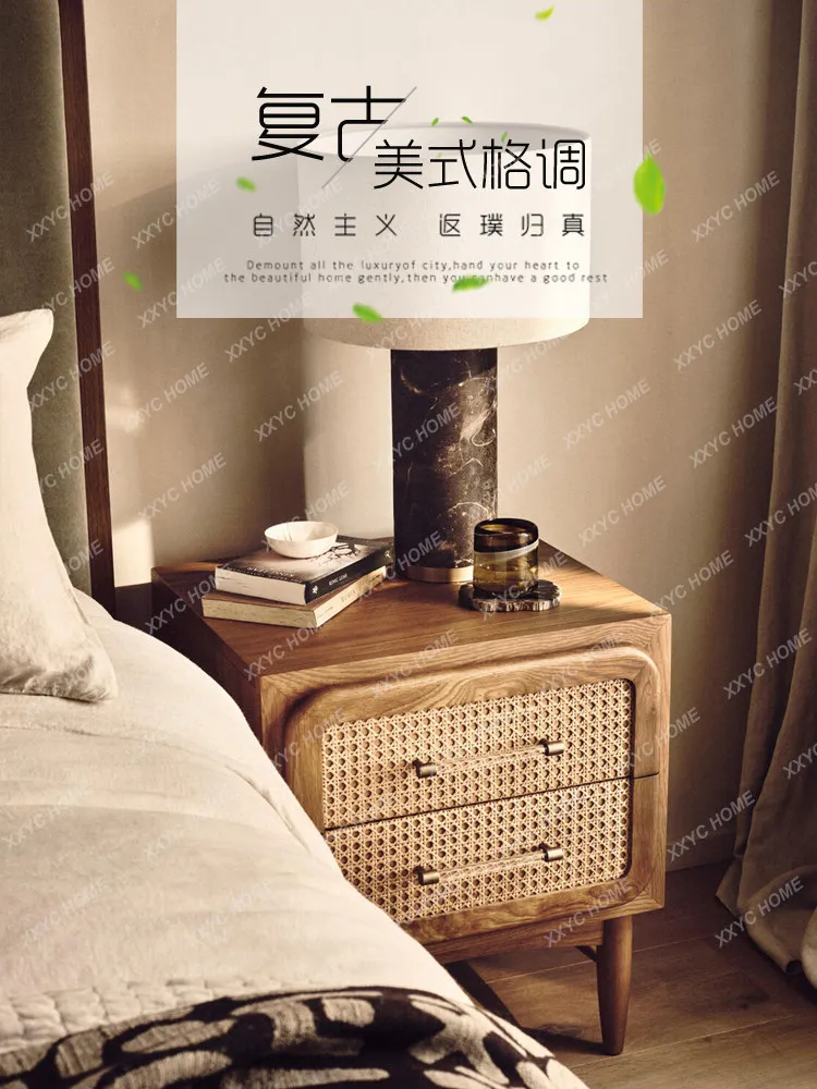 A American Solid Wood, Master Bedroom, Bedside Cabinet Against The Wall, Wood Color Retro Bedside Cabinet, Storage Cabinet