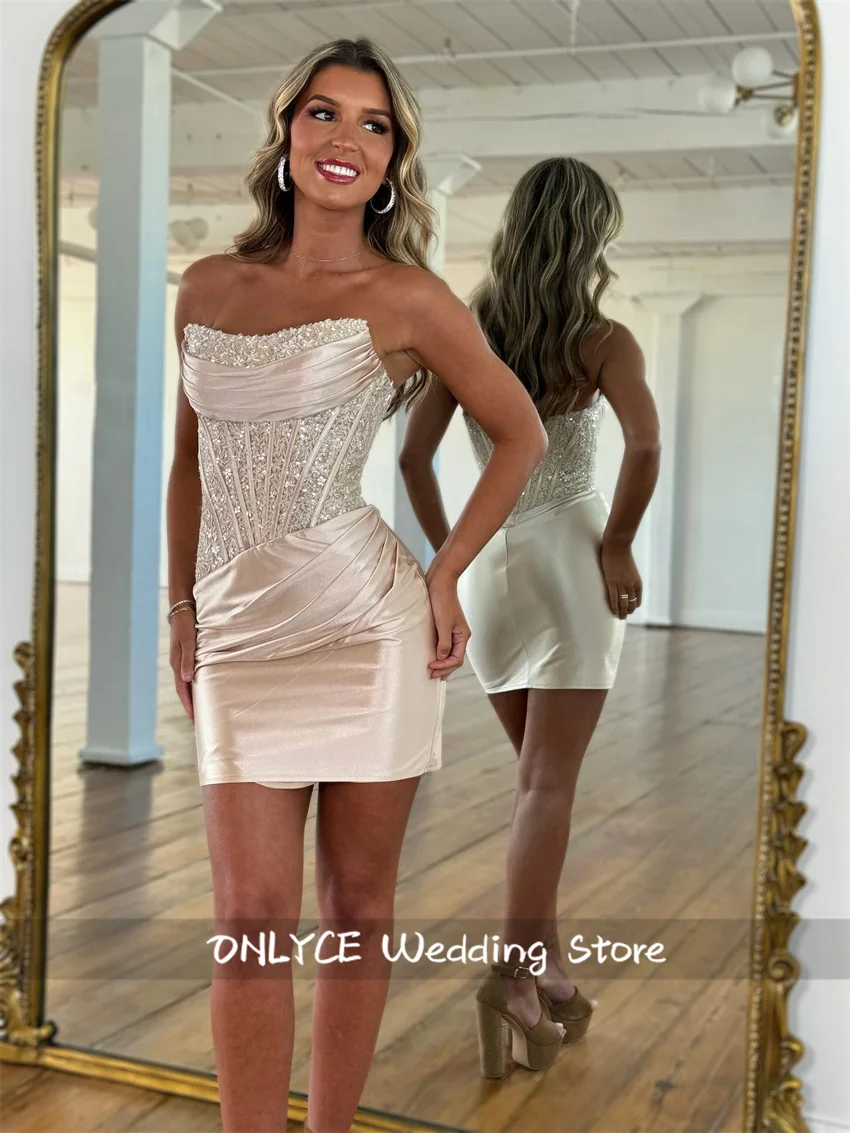 

Glitter Customized Light Pink Strapless Backless Sleeveless Party Dress Prom Dress Cocktail Beading Homecoming Party Dresses