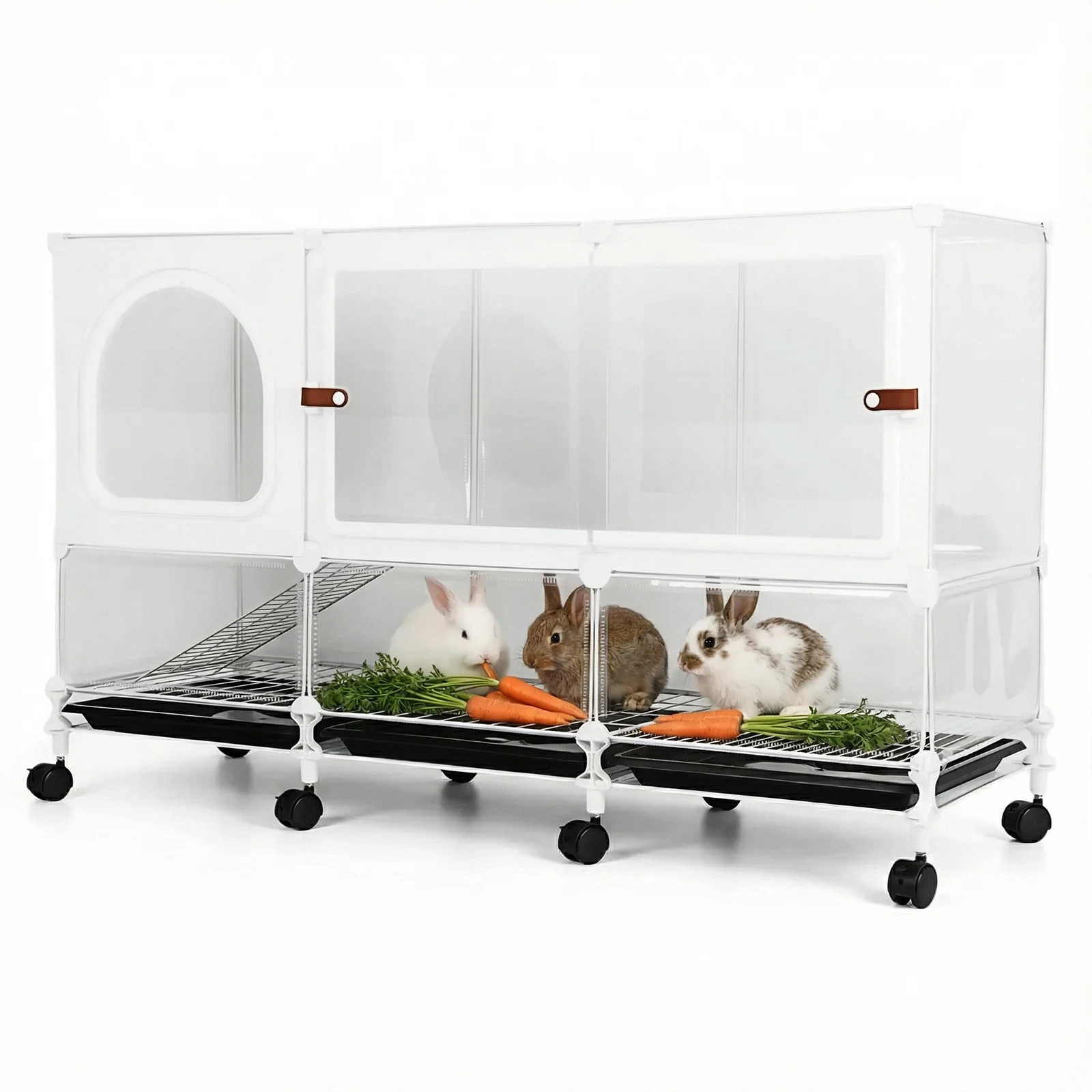 

2-Tier Bunny Cage Indoor with Pull Out Tray Rolling Rabbit Hutch with Wheels 105x35x66cm for Guinea Pig Chinchillas