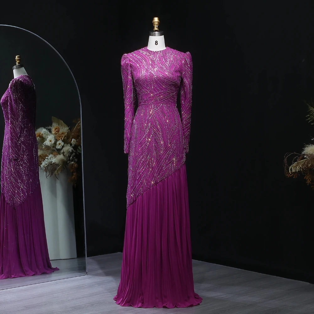

Sharon Said Fuchsia Luxury Muslim Evening Dress Long Sleeve Pleated Arabic Women Prom Party Gowns SS605 Customized