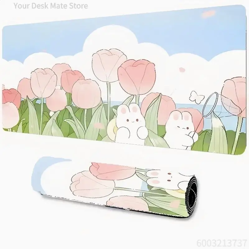 Large Pink Tulip Mouse Pad Kawaii Desk Mat Non-slip Rubber Base Precise Seam Design Washable and Durable for Gaming and Office