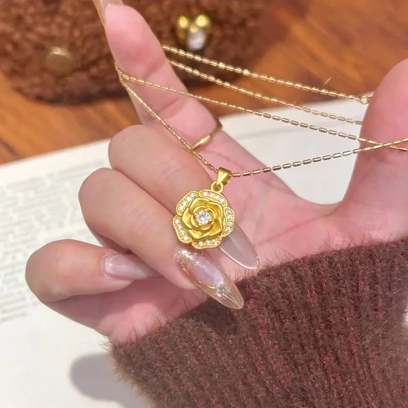 9999 Gold Fresh and Sweet Style Audrey Rose Set, Romantic Rose Necklace Pendant Design, Fashionable and Elegant Gift