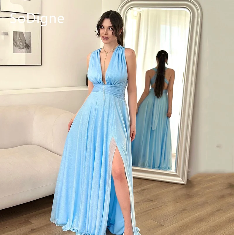 

SoDigne Arabic VNeck Evening Dresses Sleeveless Side Silt Pleat Backless Prom Dress Floor-Length Prom Party Gown 2025 Customized