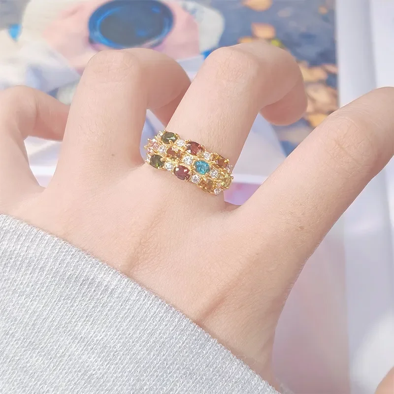s925 sterling silver natural gemstone tourmaline ring women's multi-colored treasure ring index finger ring live broadcast