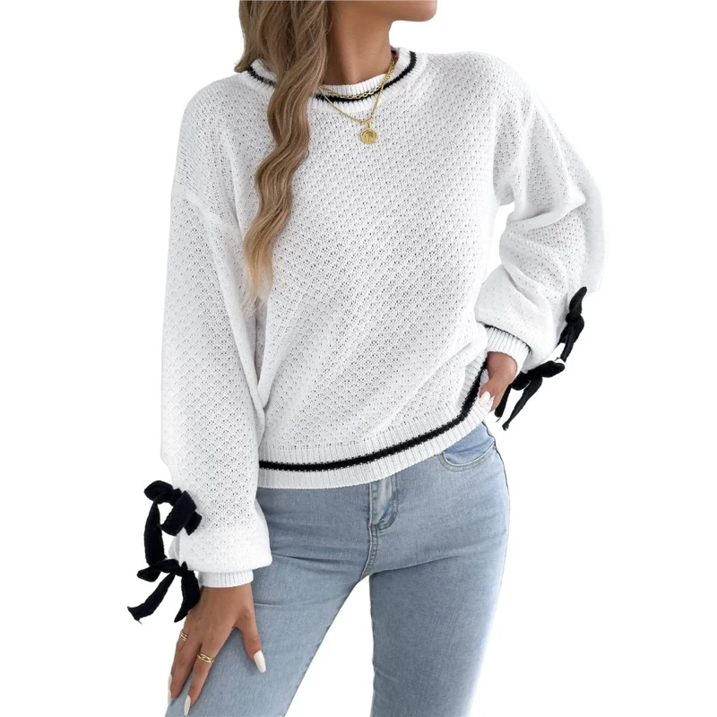 Women's Sweater Casual Color Block Crew Neck Long Sleeve Lantern Sleeve Knitted Bow Tie Fashion Elegant