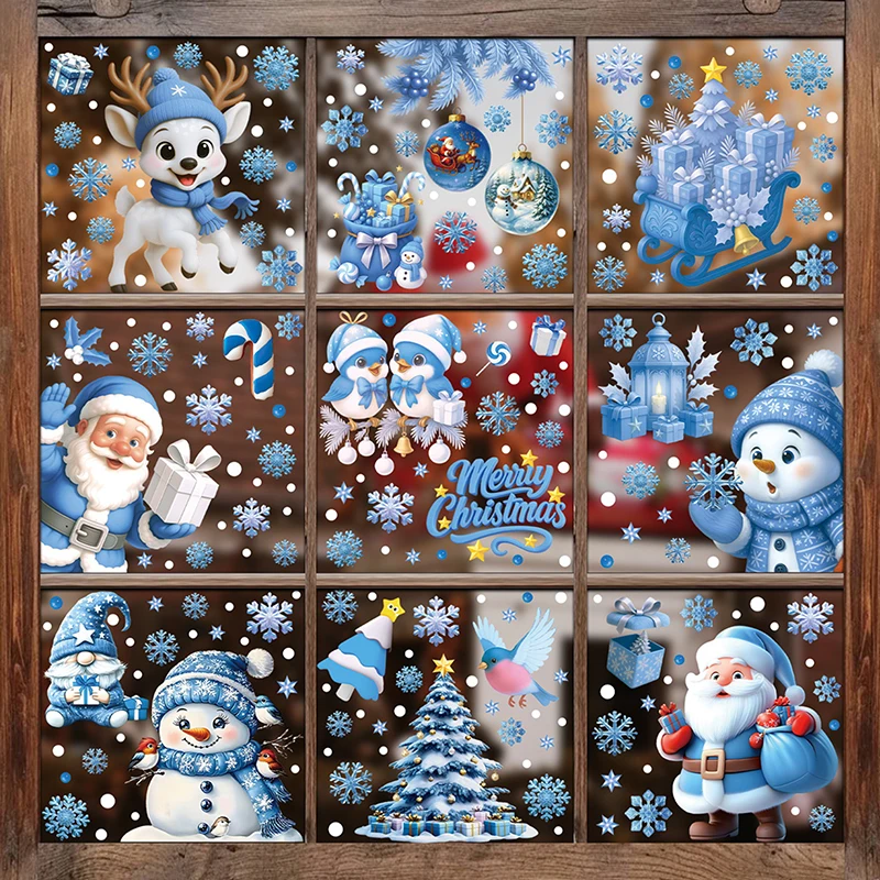 Weihnachtsmann-Aufkleber, blauer Schneemann, Fensterdekoration, statische Aufkleber aus Glas, Weihnachtsdekoration, Schneeflocken-Fensteraufkleber