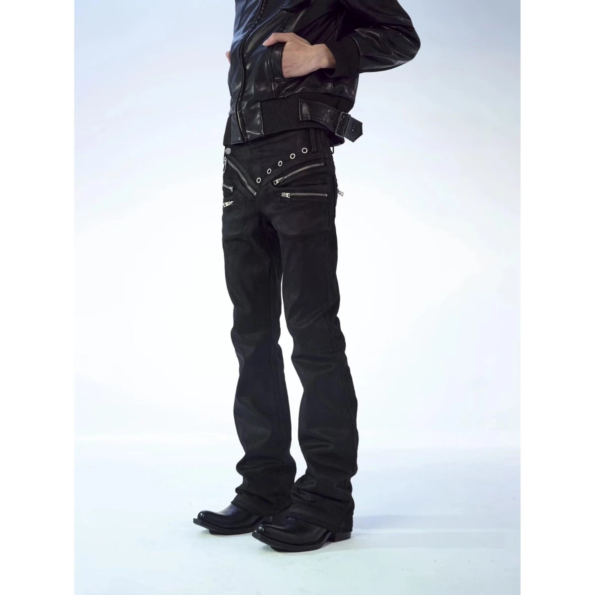 Low Waist Skinny Jeans Men's Straight Leg Zipper Decorated Wax Surface Comfortable Fit Casual Trousers Youth Fashion