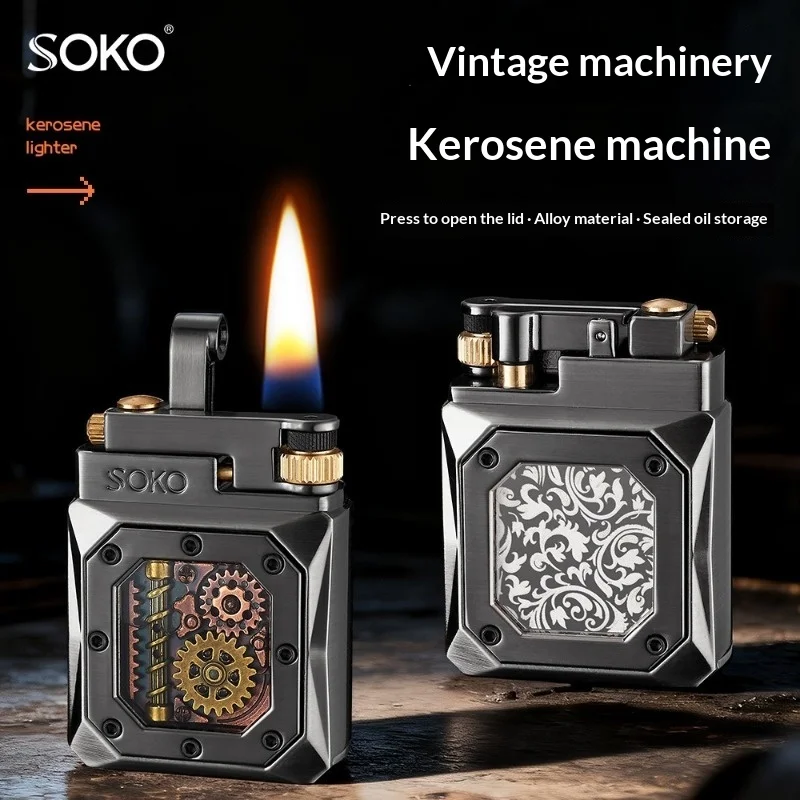 2026 Mechanisches Druckknopf-Feuerzeug mit offener Flamme, Kerosin, Zinklegierung, doppelseitiges Muster, sichtbarer Öltank, Geschenk