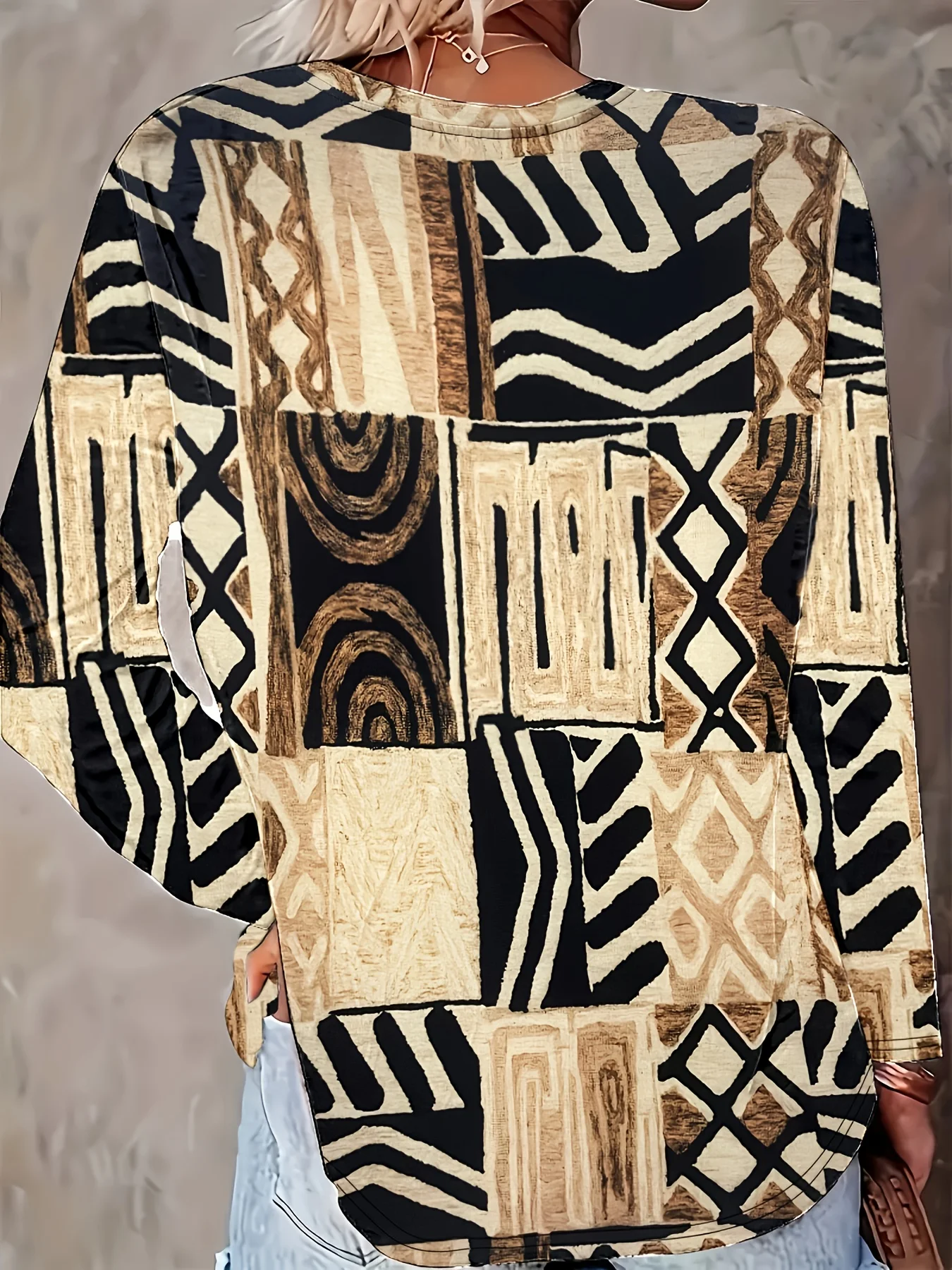 Women Bohemian Geometric Patchwork Print Long Sleeve Top Crew Neck Casual Loose Blouse Shirts