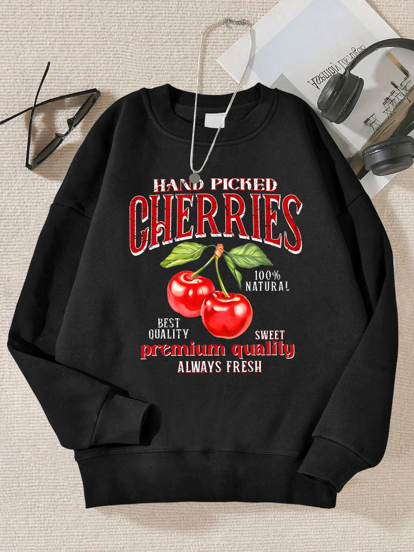 Hand Picked Cherries Printing Women Sweatshirt Simple Casual Pullover Fashion Autumn Streetwear Warm Fleece Female Clothing