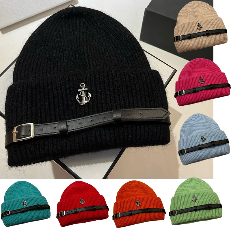 

New Fashion European American Personalized Cool Belt Boat Anchor Punk Hat Winter Men's Women's Keep Warm Rabbit Fur Knitted Hats