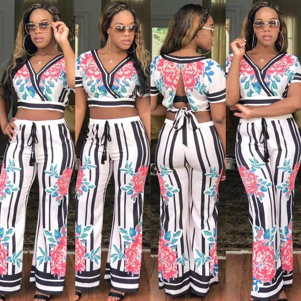 

SMR9588 Sexy Fashion Print Stitching Short Sleeve Two-Piece Set for Women European And American Style Fashion