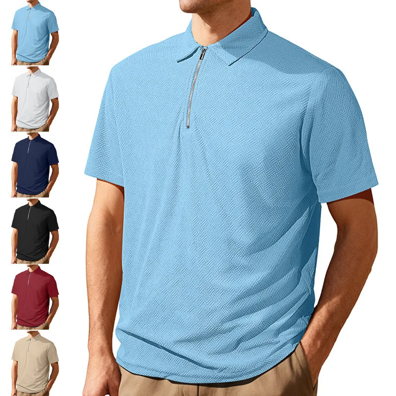 Men's Herringbone Textured Zip Polo Shirt Short Sleeve Turn-Down Collar Half Zip Casual Business Top