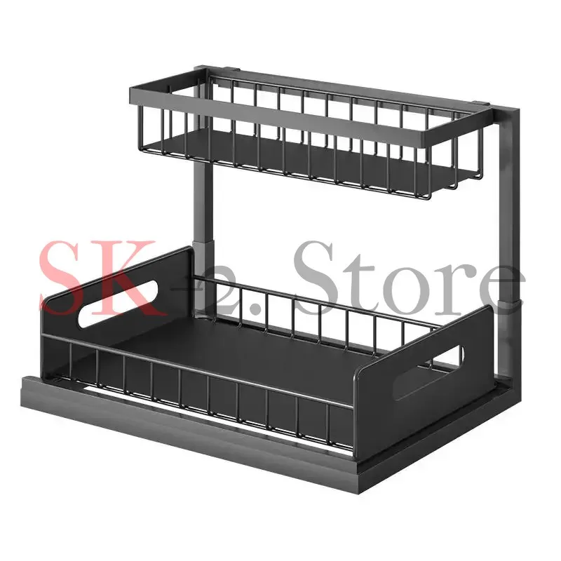 Kitchen lower sink rack pull-out seasoning storage layered basket