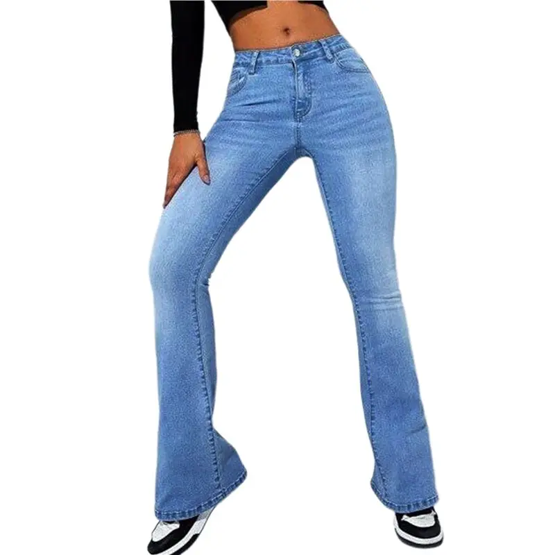 

Джинсы-клеш CYL-Flare для женщин, женские джинсы-клеш с высокой талией, эластичные, утягивающие, светло-голубые, размер XXL