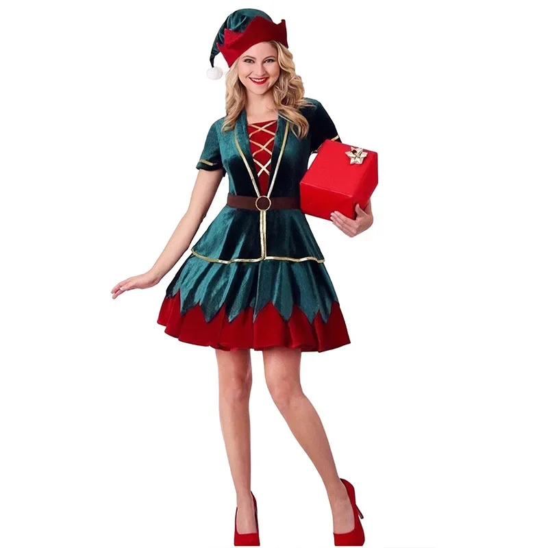 Boże Narodzenie Zielony Elf Fancy Costume Xmas Deluxe Cosplay Santa Claus Clothes New Year Xmas Women Men Carnival Party Dress Suit Gift