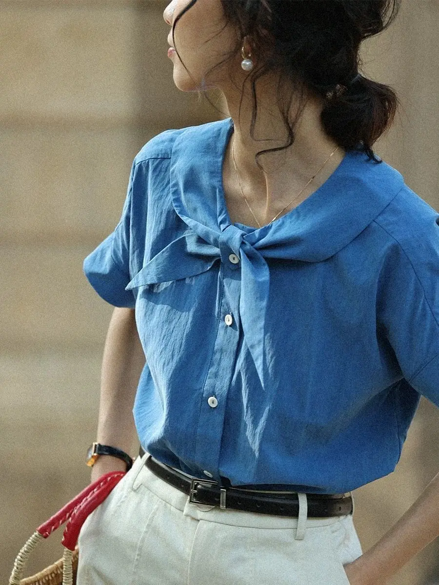 French Blue Doll Collar Shoulder Short Sleeved Shirt For Women'S Summer Slim Fit Commuting Bow Design Top