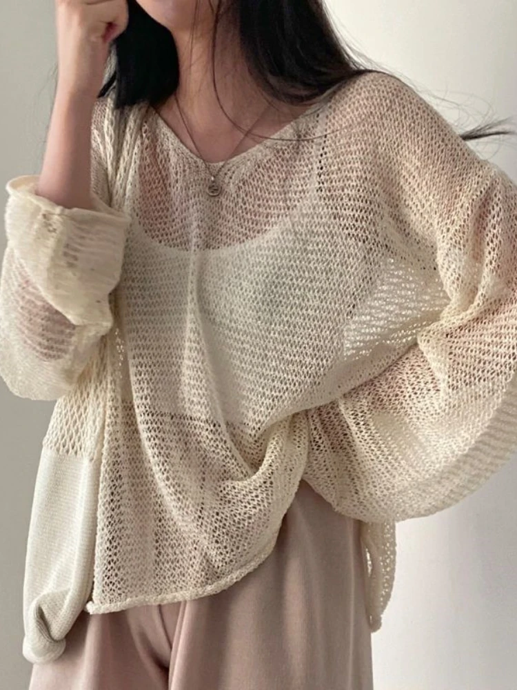 

Elegant Hollow out Summer Lightweight Knitted Sun Protection Shirt Women's Loose Pure Color Outerwear Top Fashion Design