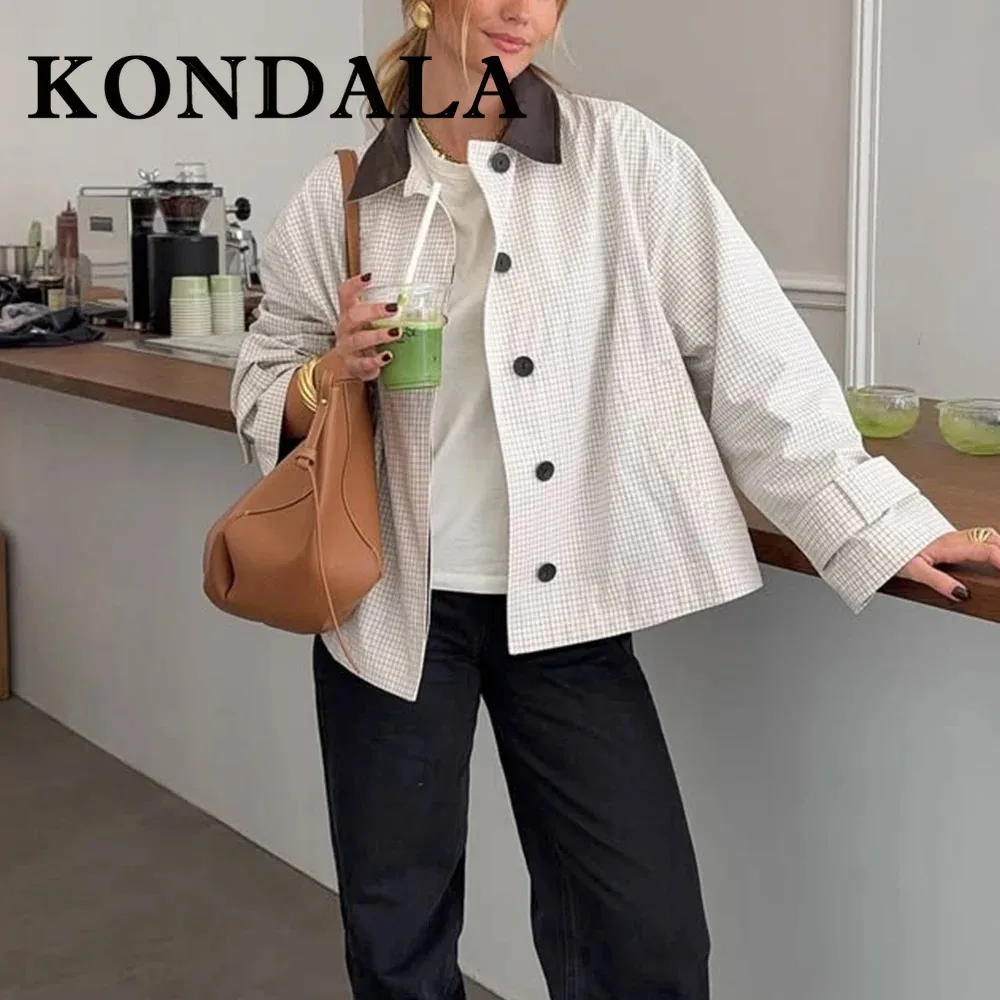 

KONDALA Chic 2025 осенняя женская белая клетчатая короткая ветровка из искусственной кожи, однобортная уличная одежда, верхняя одежда, модная осенняя женская повседневная куртка
