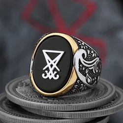 Dropshipping Vintage Sigil Lucifer Rock Ring 316L Stainless Steel Seal of Satan Stone Rings for Men Male Punk Rock Jewelry