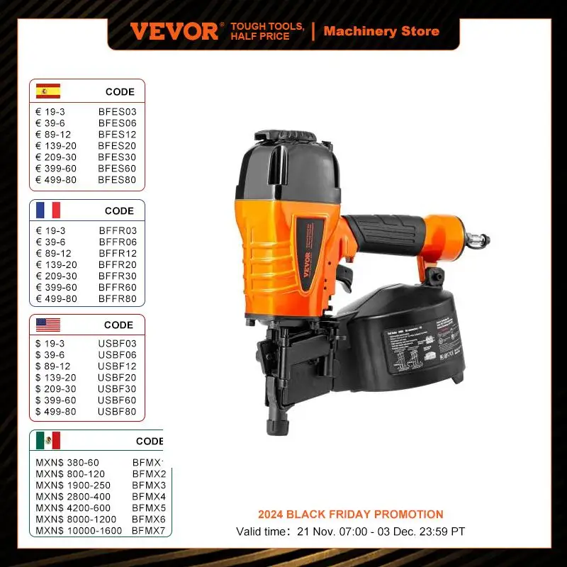 VEVOR Coil Siding Nailer CN65 CN55 CN70 CN83 CN90 Pneumatic Siding Nail Gun Pallet Making Coil Nailer 70-120PSI Air Coil Nailer