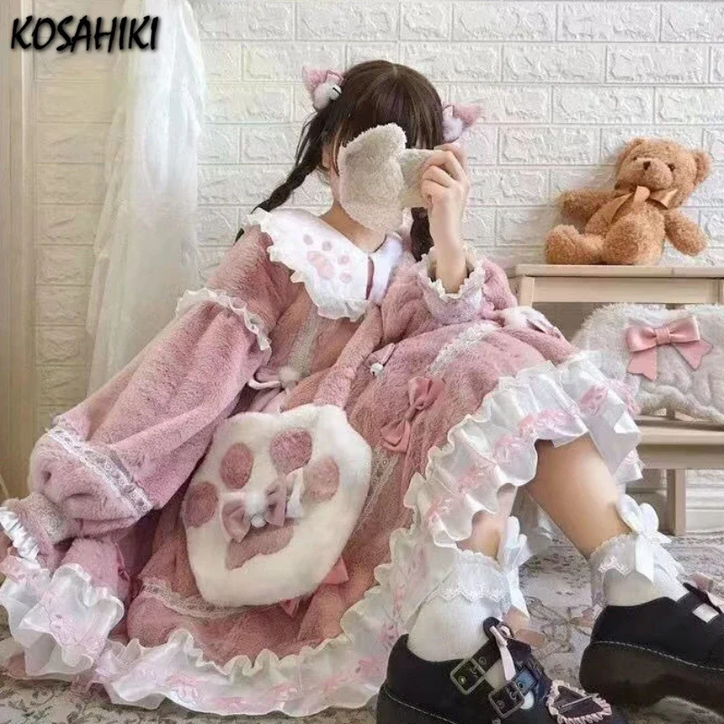 Lolita Kawaii Peter Pan Collar Winter Bow Dress Women Lace Patchwork Cute Dresses Y2k Aesthetic Sweet Ruffle Pleated Vestidos