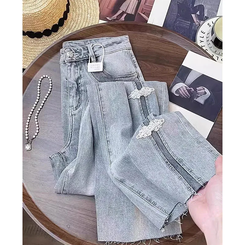 

New Chinese Style Casual Versatile Design Embroidered Jeans Women Spring Summer Fashion Retro Heavy Industry Straight Leg Pants