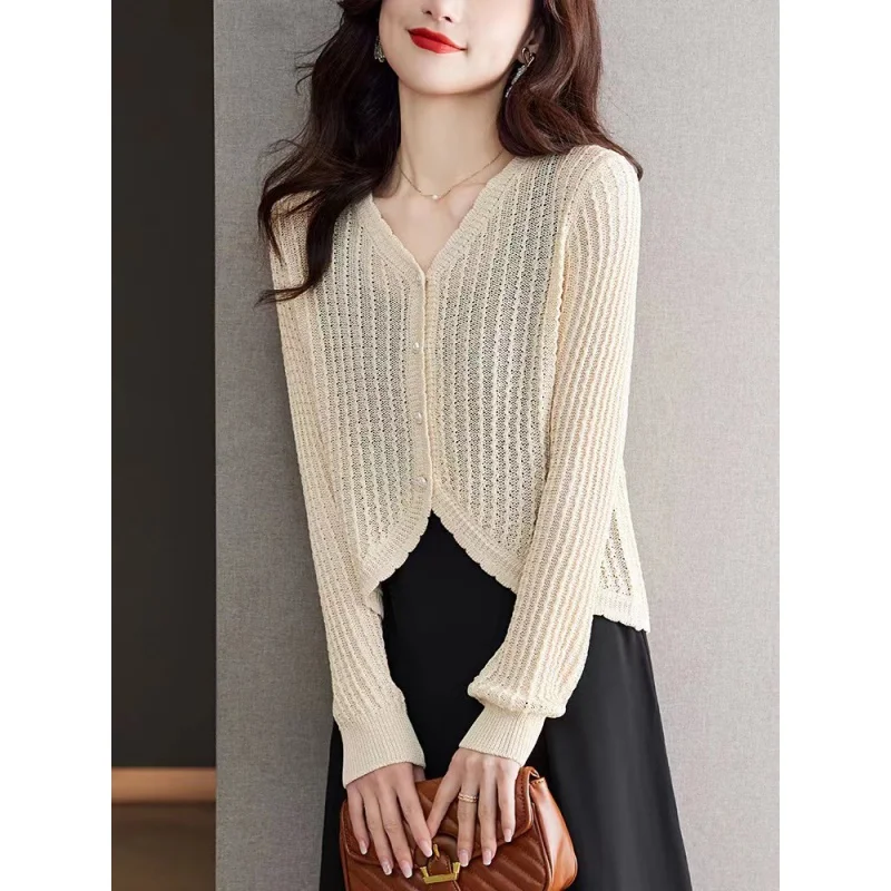 

Korean Style V-neck Design Knitted Cardigan Women's 2024 Spring, Summer and Autumn New Loose-Fitting Versatile Thin Sweater Coat